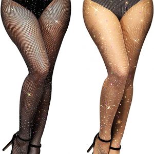 Glamorstar Rhinestone Fishnet Stockings for Women Sparkly Tights Glitter High Waist Hollow Out Pantyhose