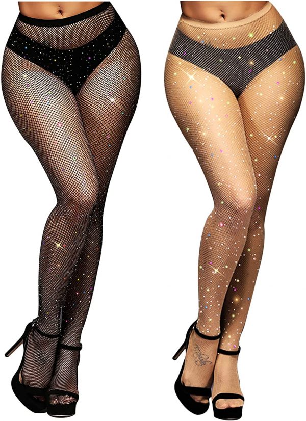 Glamorstar Rhinestone Fishnet Stockings for Women Sparkly Tights Glitter High Waist Hollow Out Pantyhose